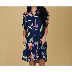 CROSBY by Mollie Burch Callaway Shirtdress Sjze M Navy Blue Lily Floral Spring